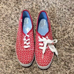 Taylor Swift Keds Red Canvas Sneakers with White sunglasses